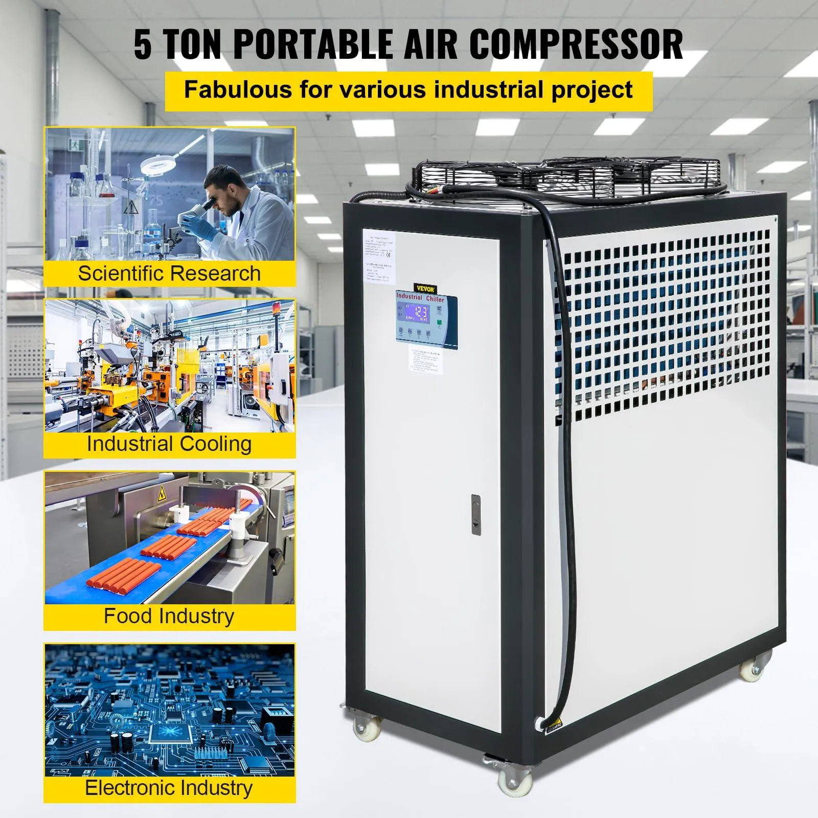 Air Cooled Water Chiller 5 Ton Portable, 5Hp 53L Tank Industrial Chiller, Finned Condenser w/Micro-Computer Control, 15KW Cooling Capacity Stainless Steel Tank Chiller Machine for Cooling Water