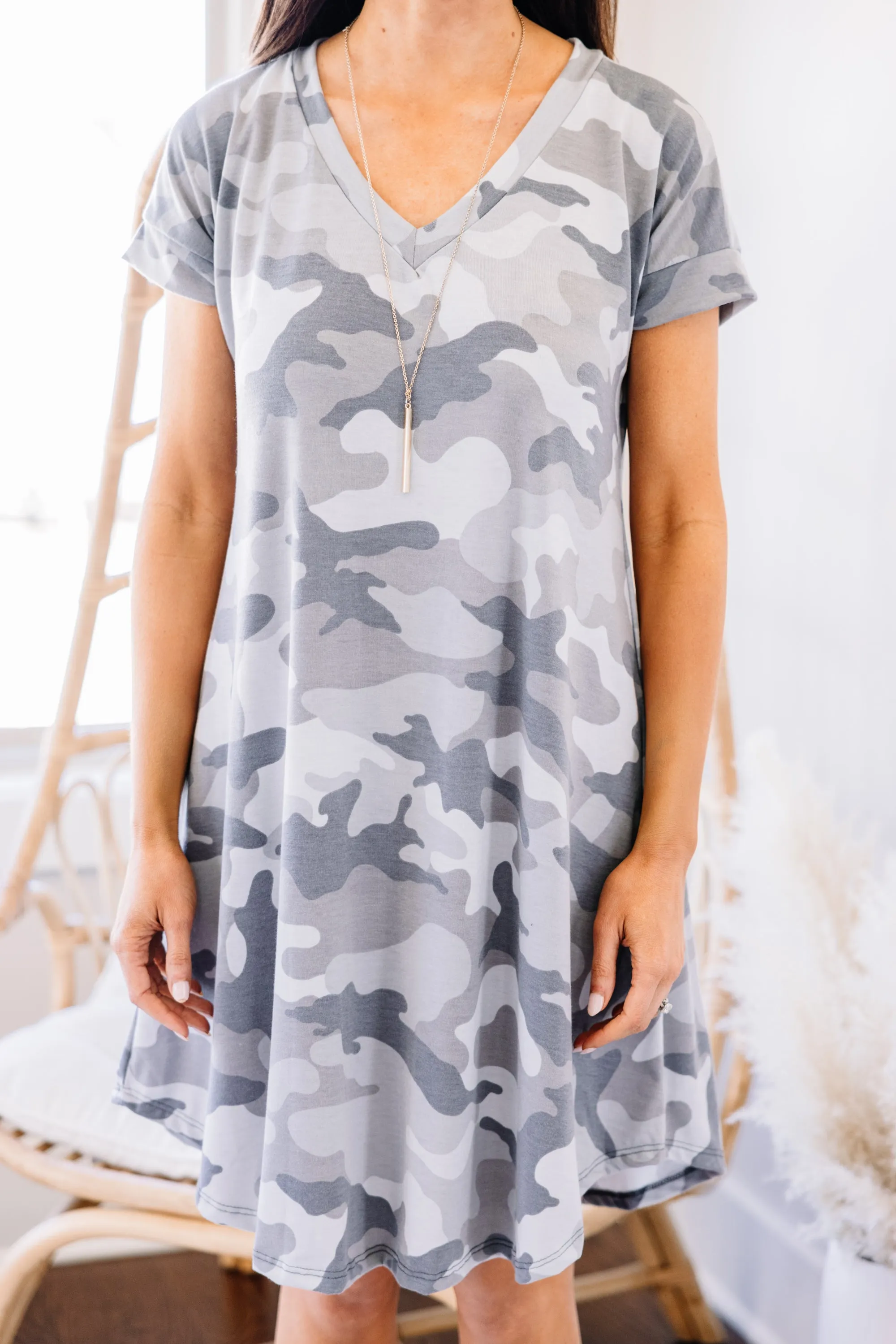 All The Fun Gray Camo Dress