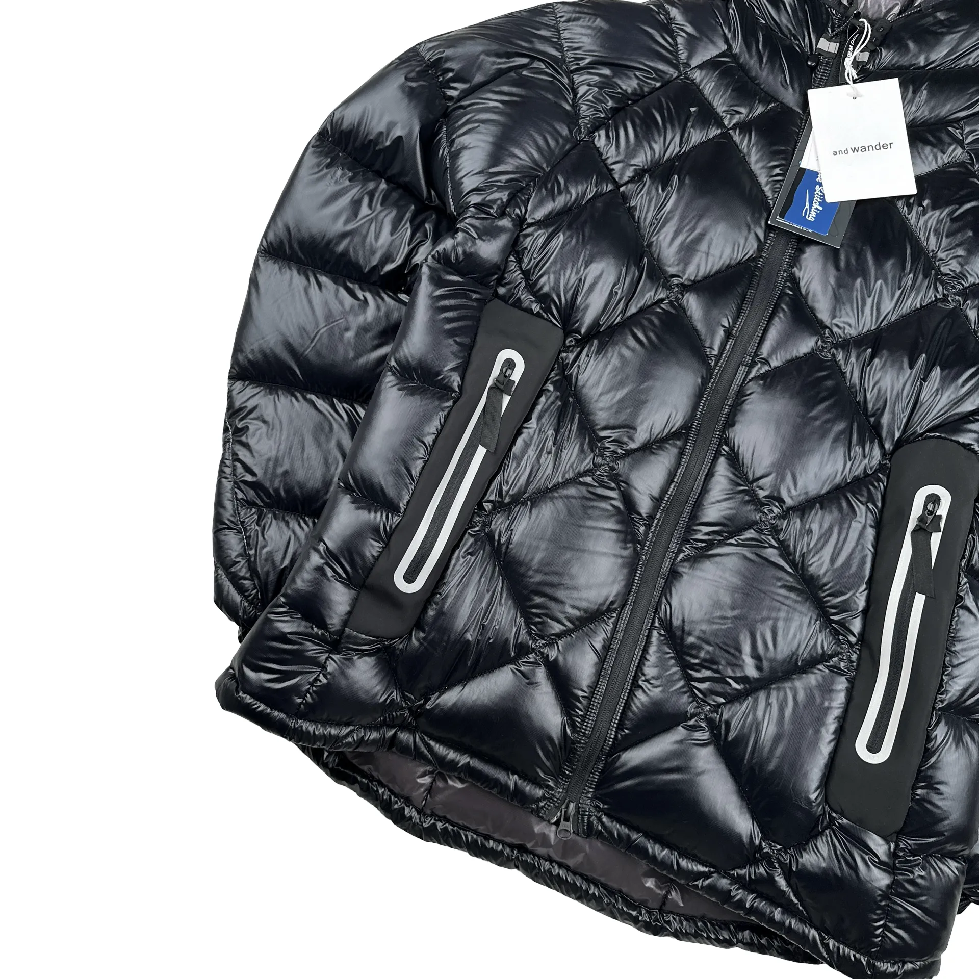 And Wander Black Pertex Diamond Quilted Hooded Puffer Jacket