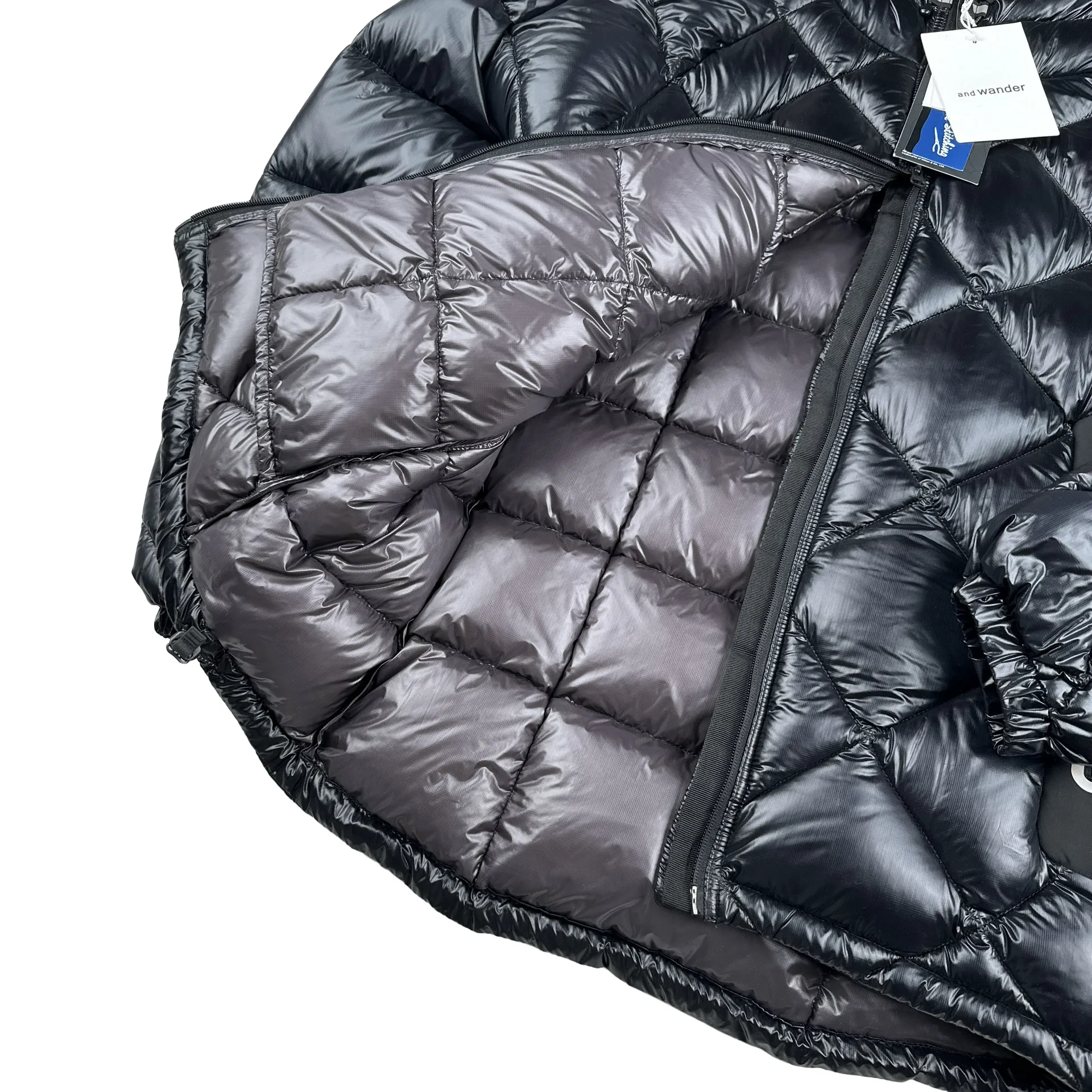 And Wander Black Pertex Diamond Quilted Hooded Puffer Jacket