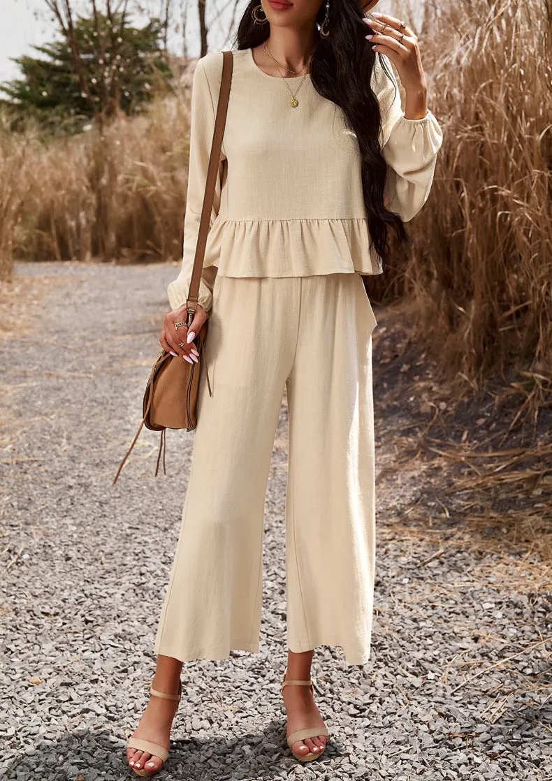 Apricot Blue 2 Piece Sets Long Sleeve Tops Wide Leg Pants