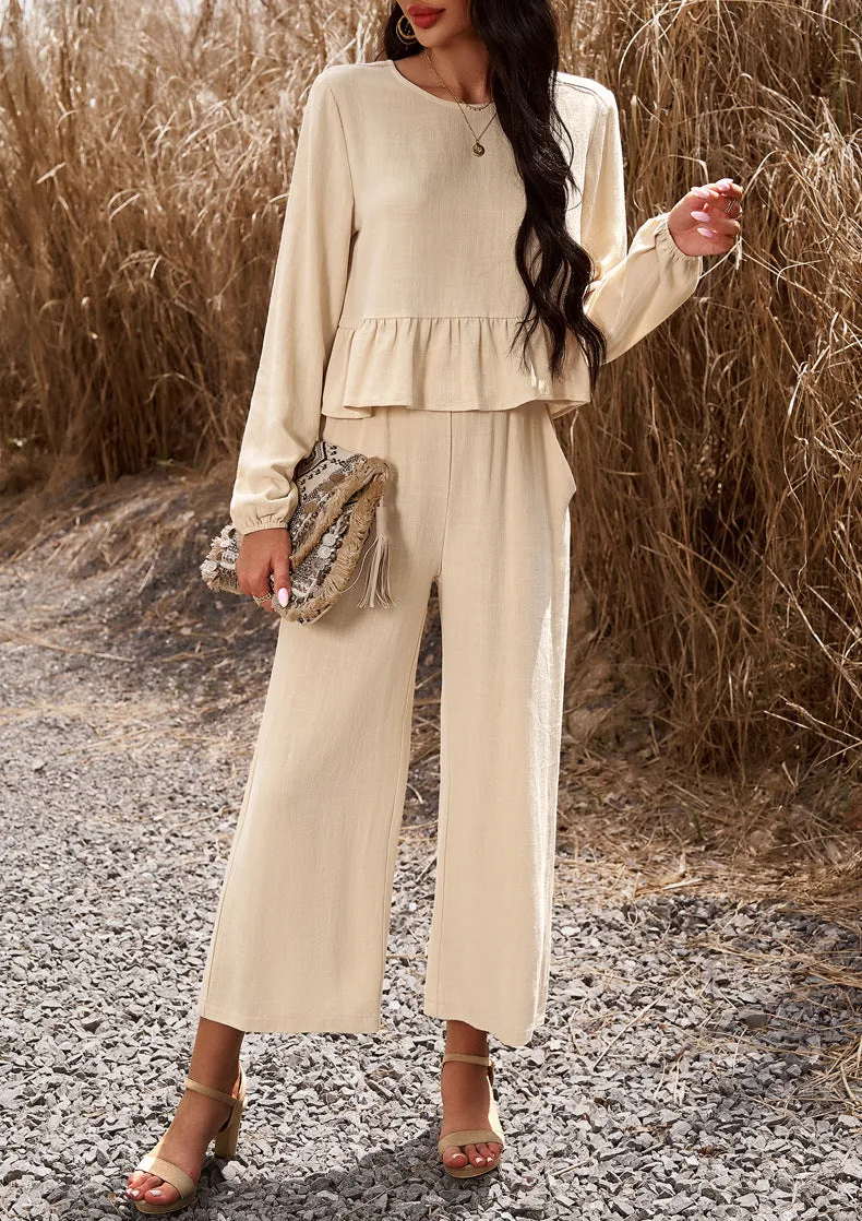 Apricot Blue 2 Piece Sets Long Sleeve Tops Wide Leg Pants