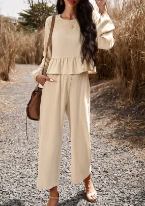 Apricot Blue 2 Piece Sets Long Sleeve Tops Wide Leg Pants