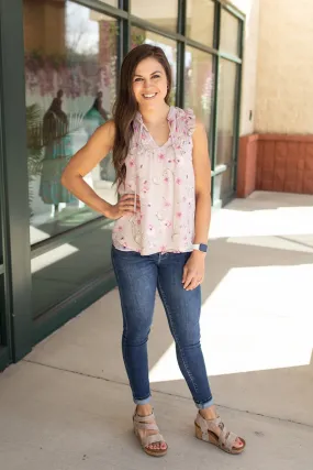 Beige Pink Floral Vneck Ruffle Tank