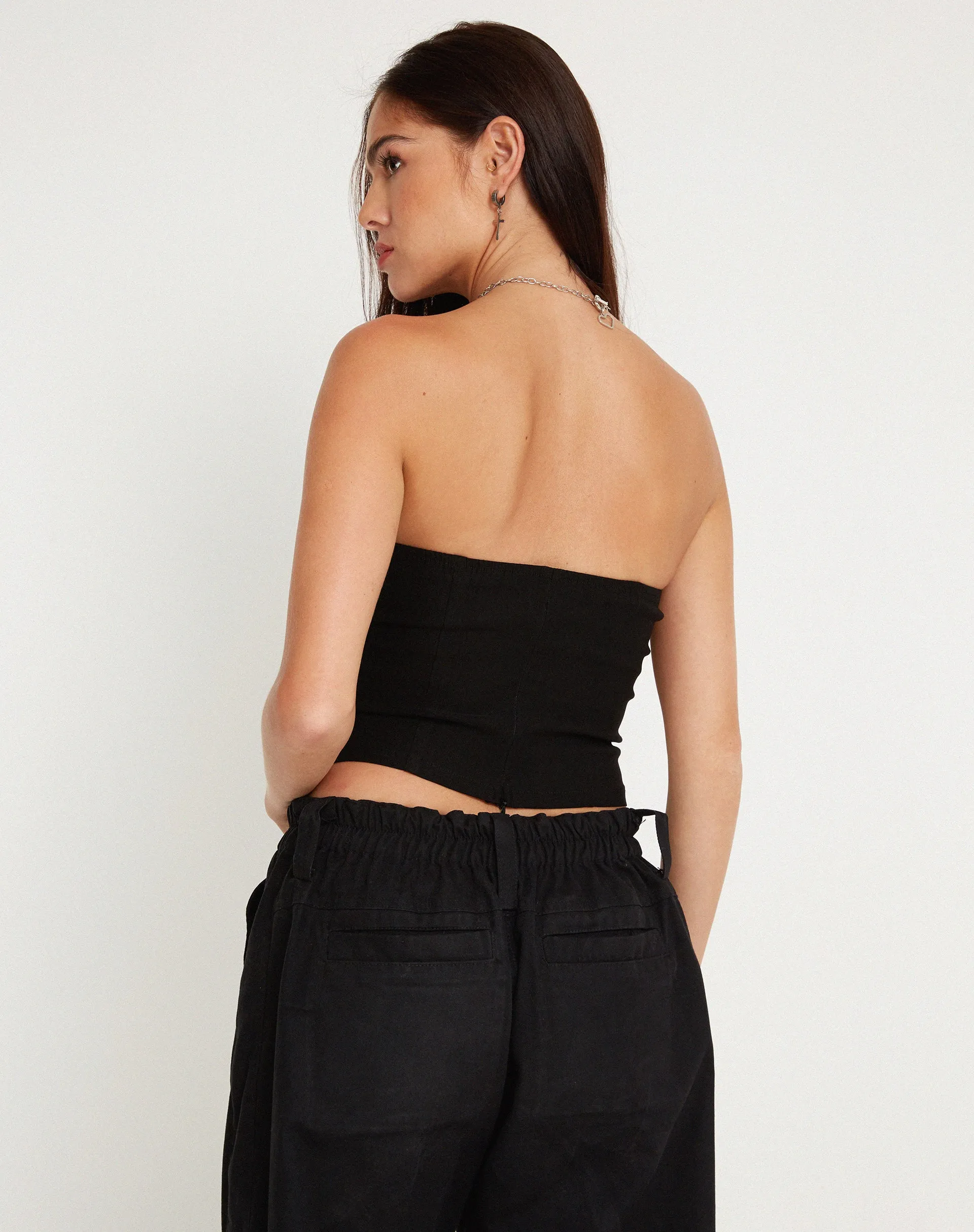 Bertha Strapless Crop Top in Black with Eyelet