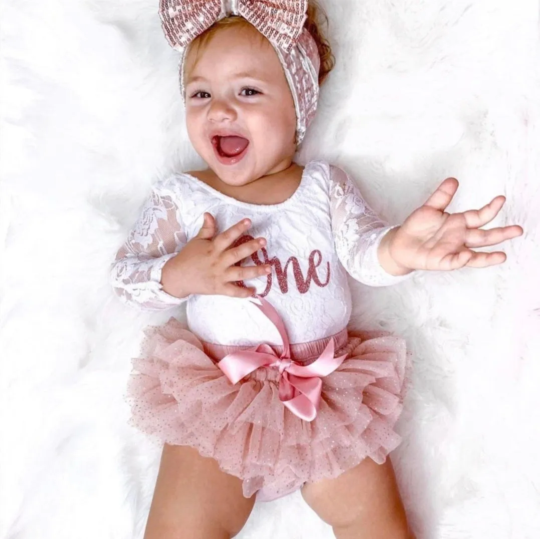 Birthday Outfits Long Sleeve Lace Romper with Bloomer, Tutu and Headband #1000687