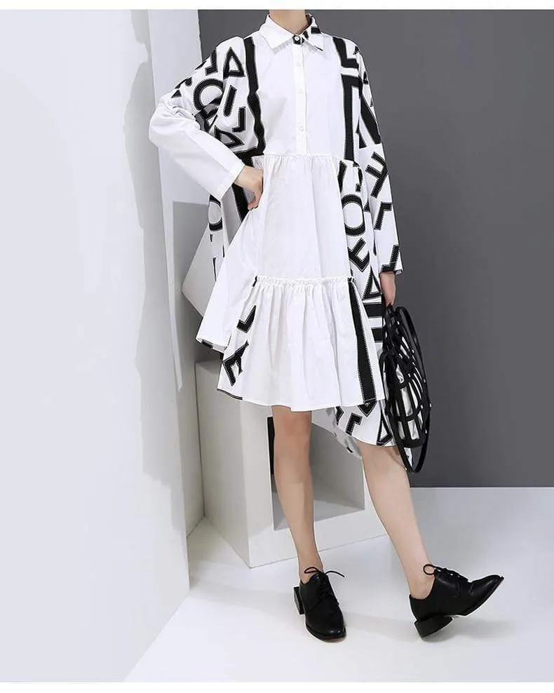 Black and White Asymmetrical Pleated Shirt Dress | Millennials