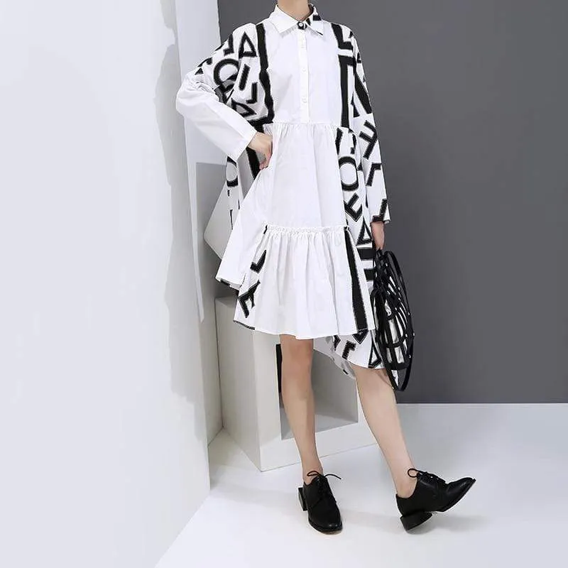 Black and White Asymmetrical Pleated Shirt Dress | Millennials