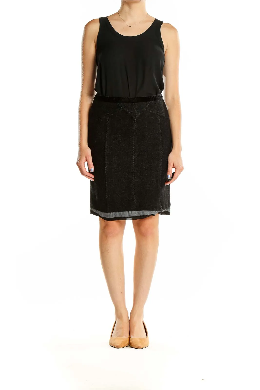 Black Textured Wool Blend Pencil Skirt