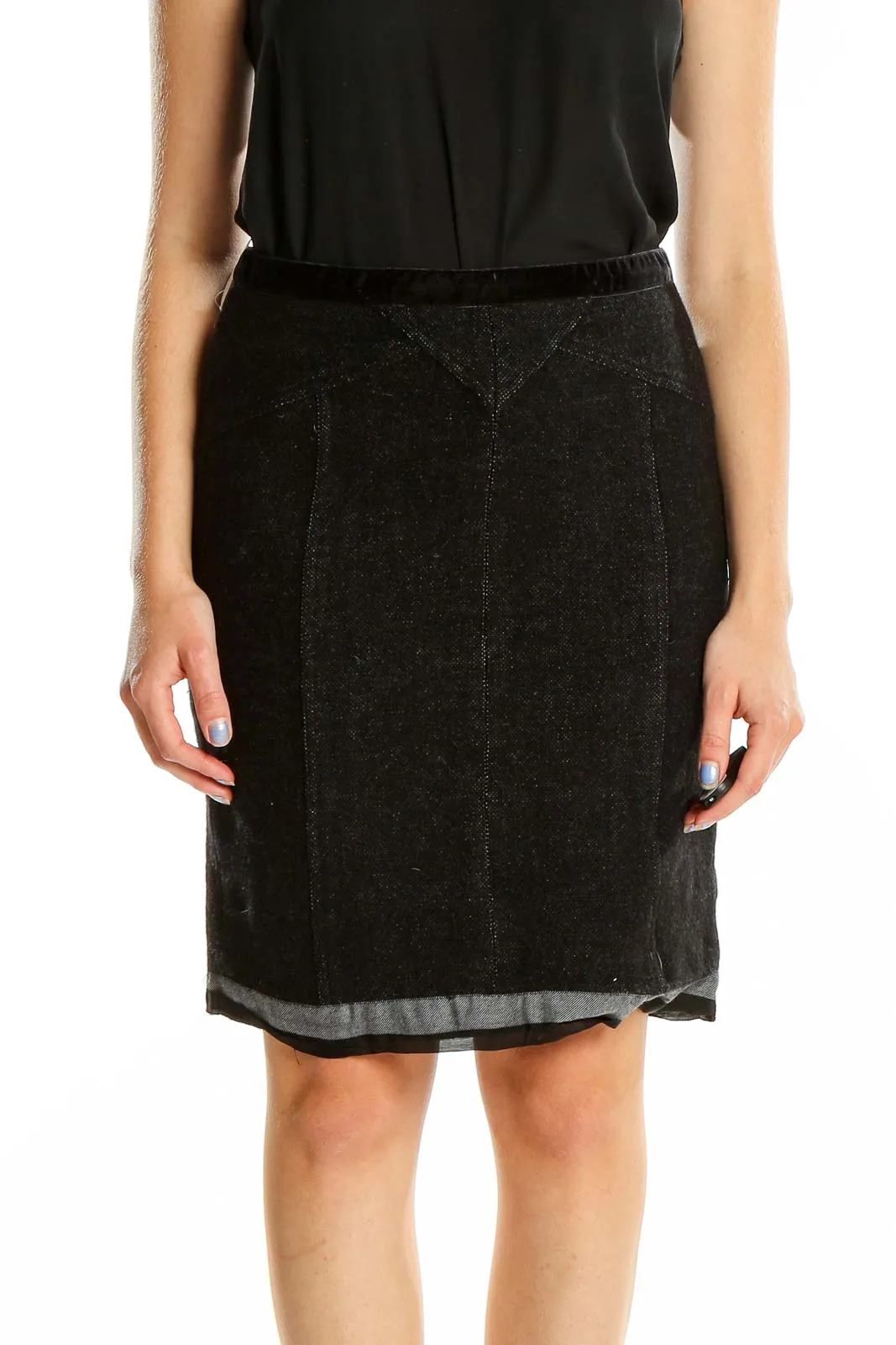 Black Textured Wool Blend Pencil Skirt