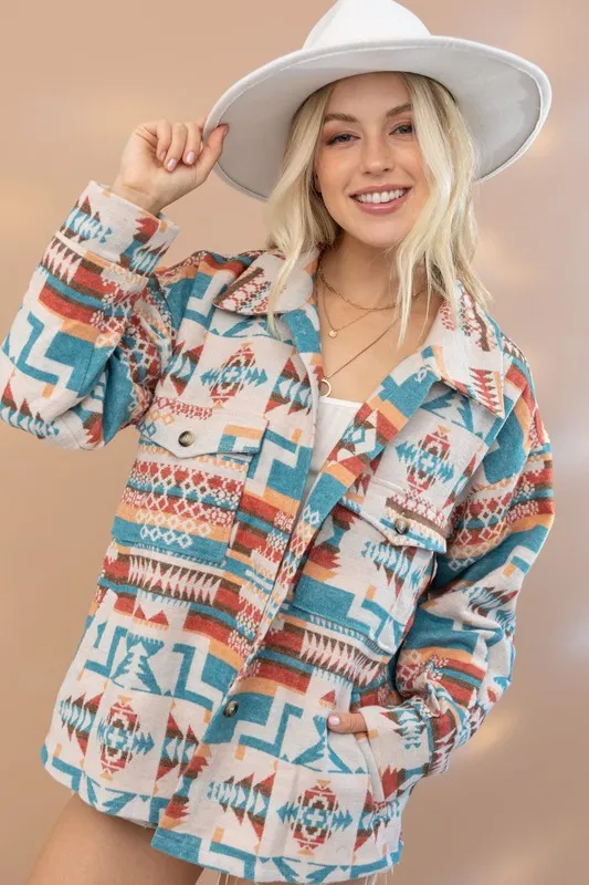 Blue B Multicolor Western Aztec Curved Raw Hem Shacket