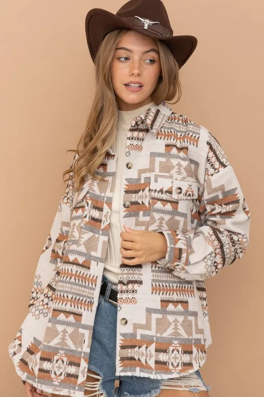 Blue B Multicolor Western Aztec Curved Raw Hem Shacket