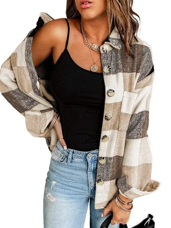 Brown and White Plaid Shacket Plus Size