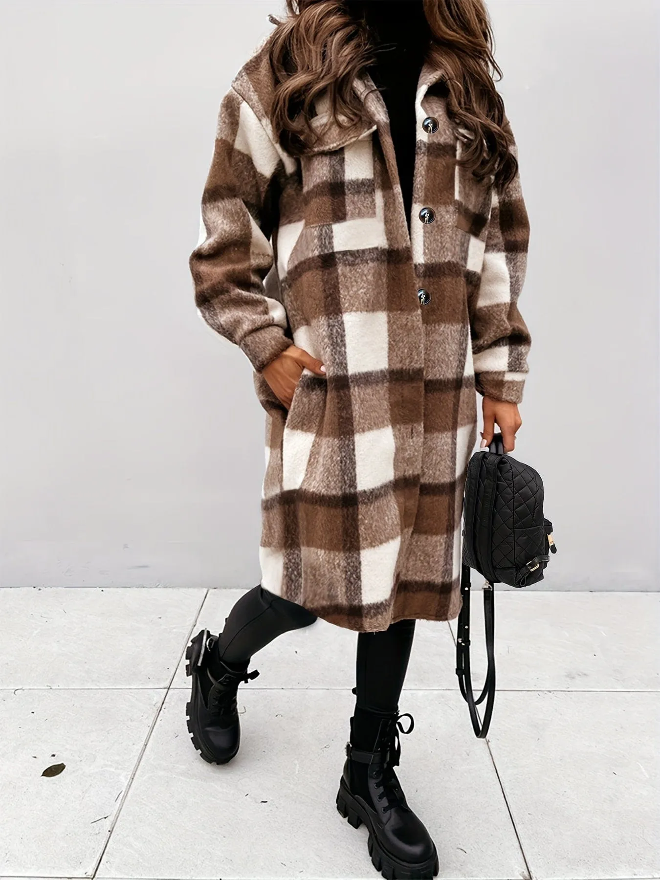 Brown and White Plaid Shacket Plus Size