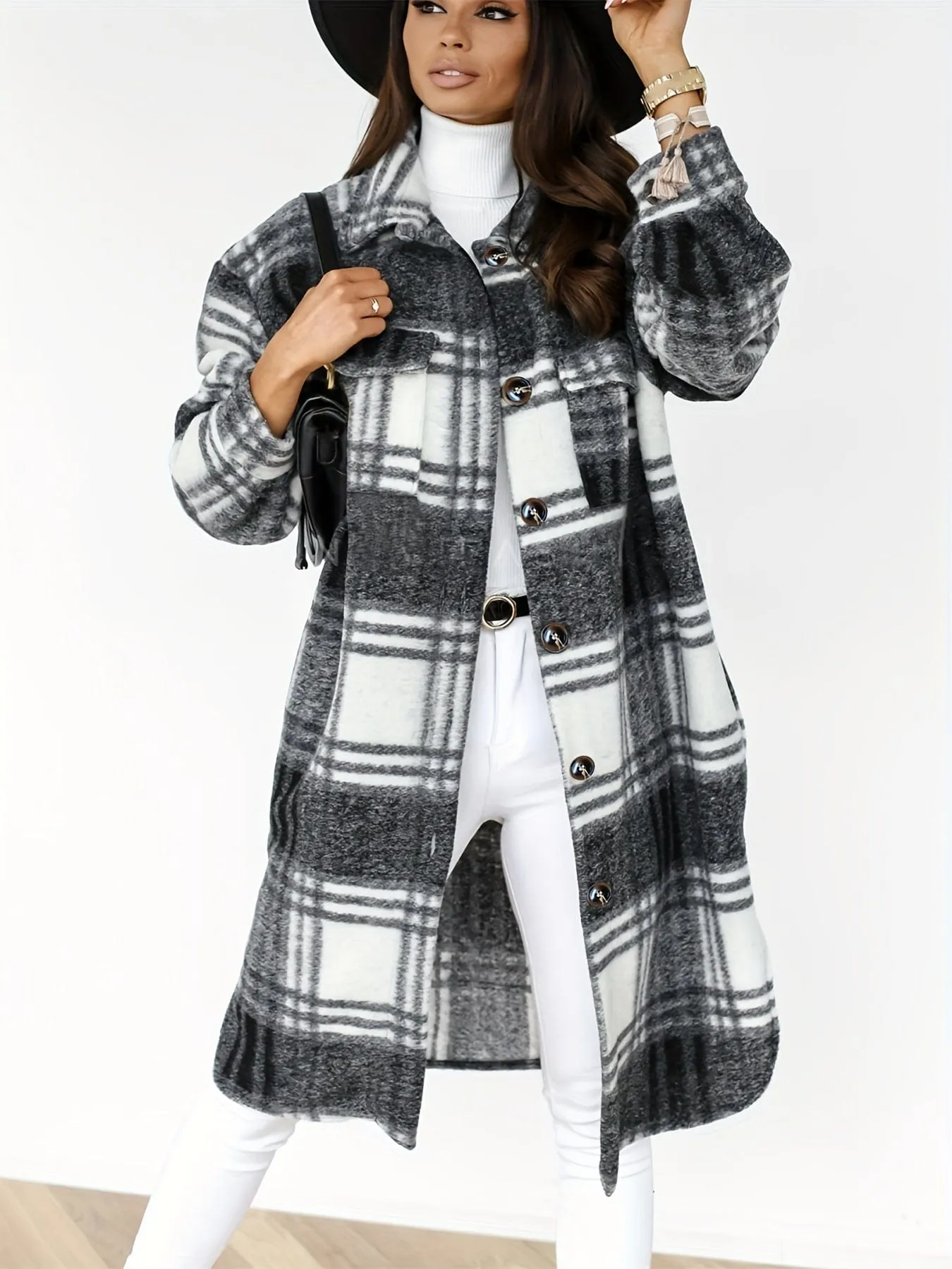 Brown and White Plaid Shacket Plus Size