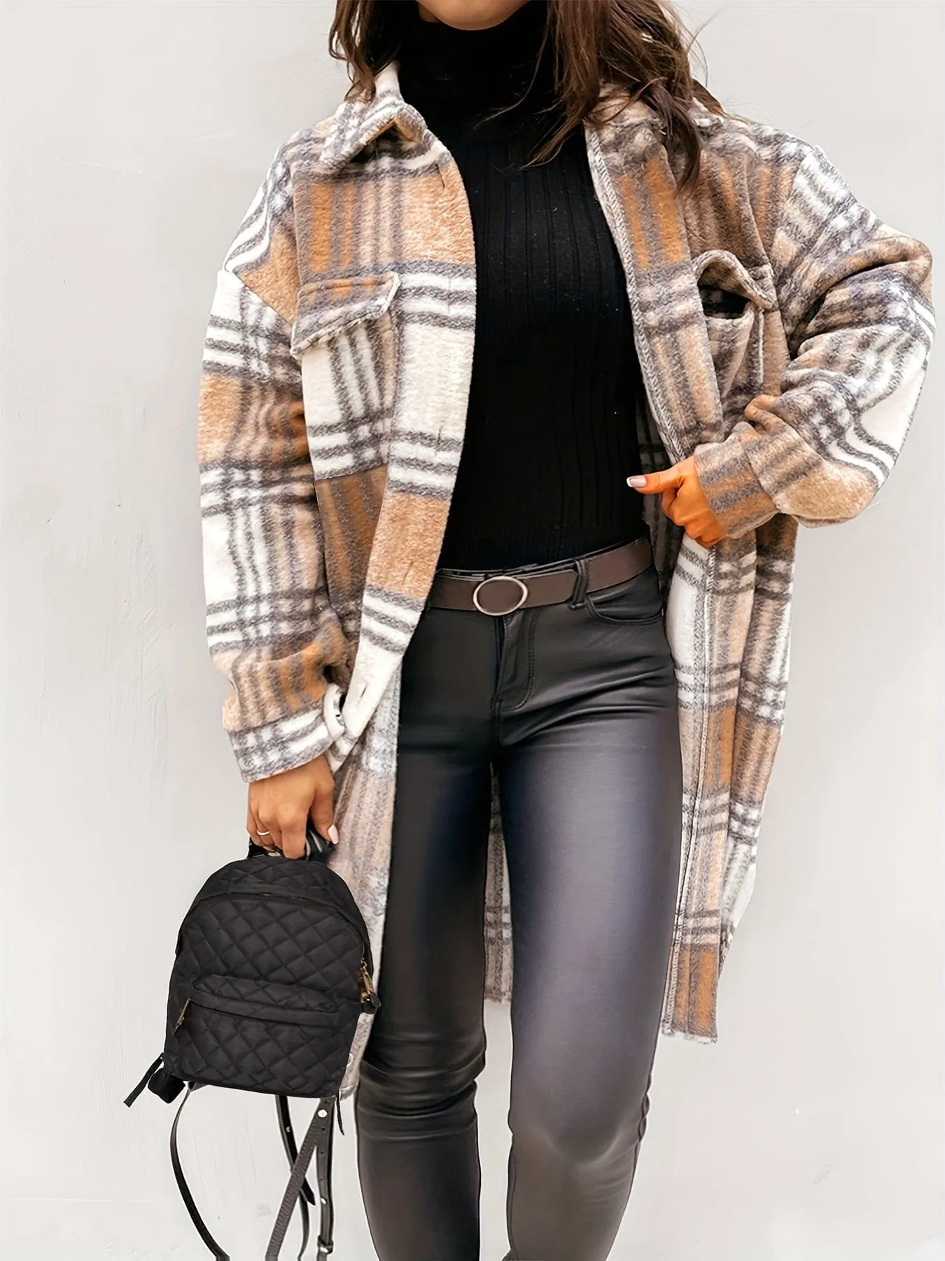 Brown and White Plaid Shacket Plus Size