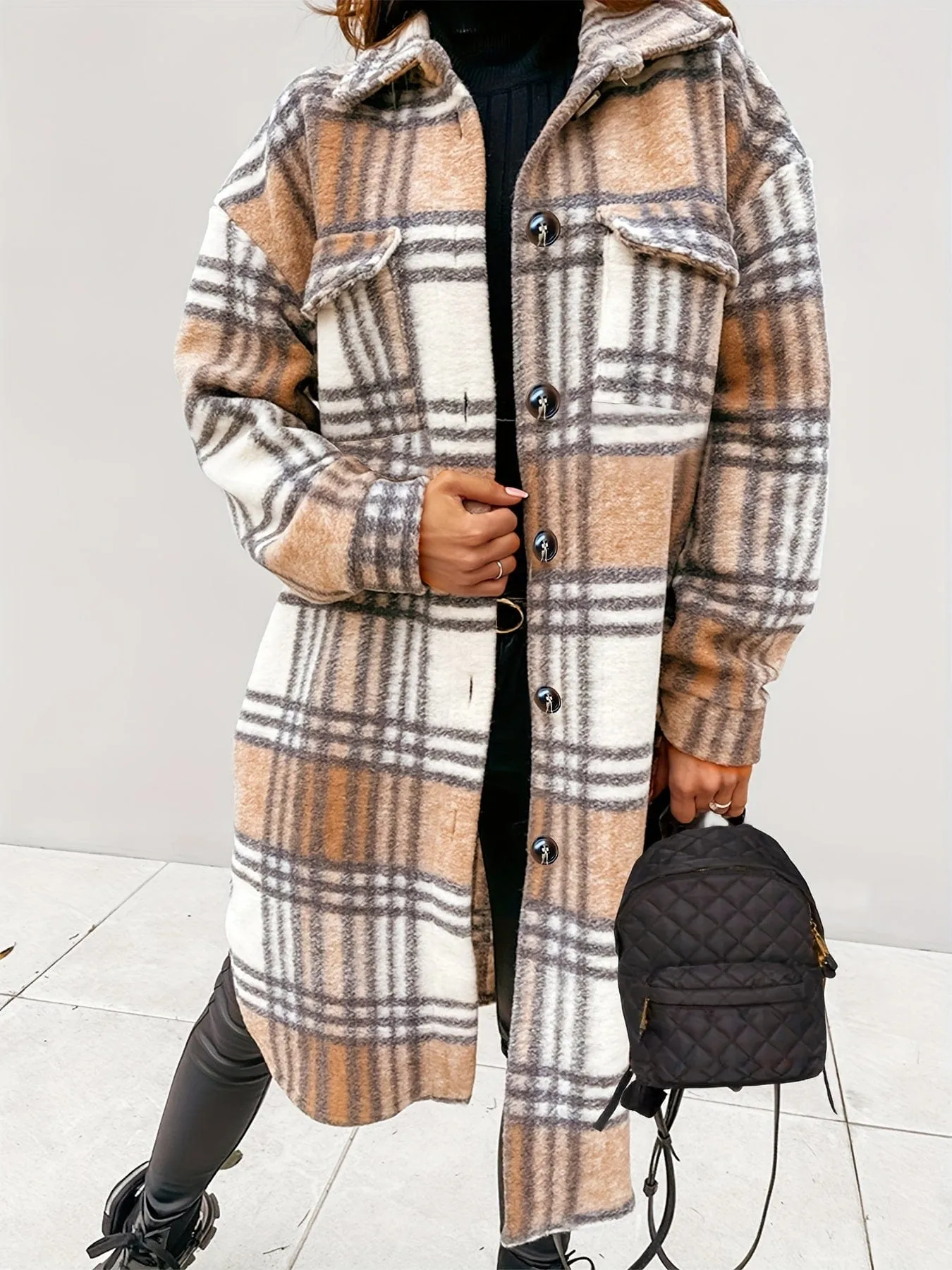 Brown and White Plaid Shacket Plus Size