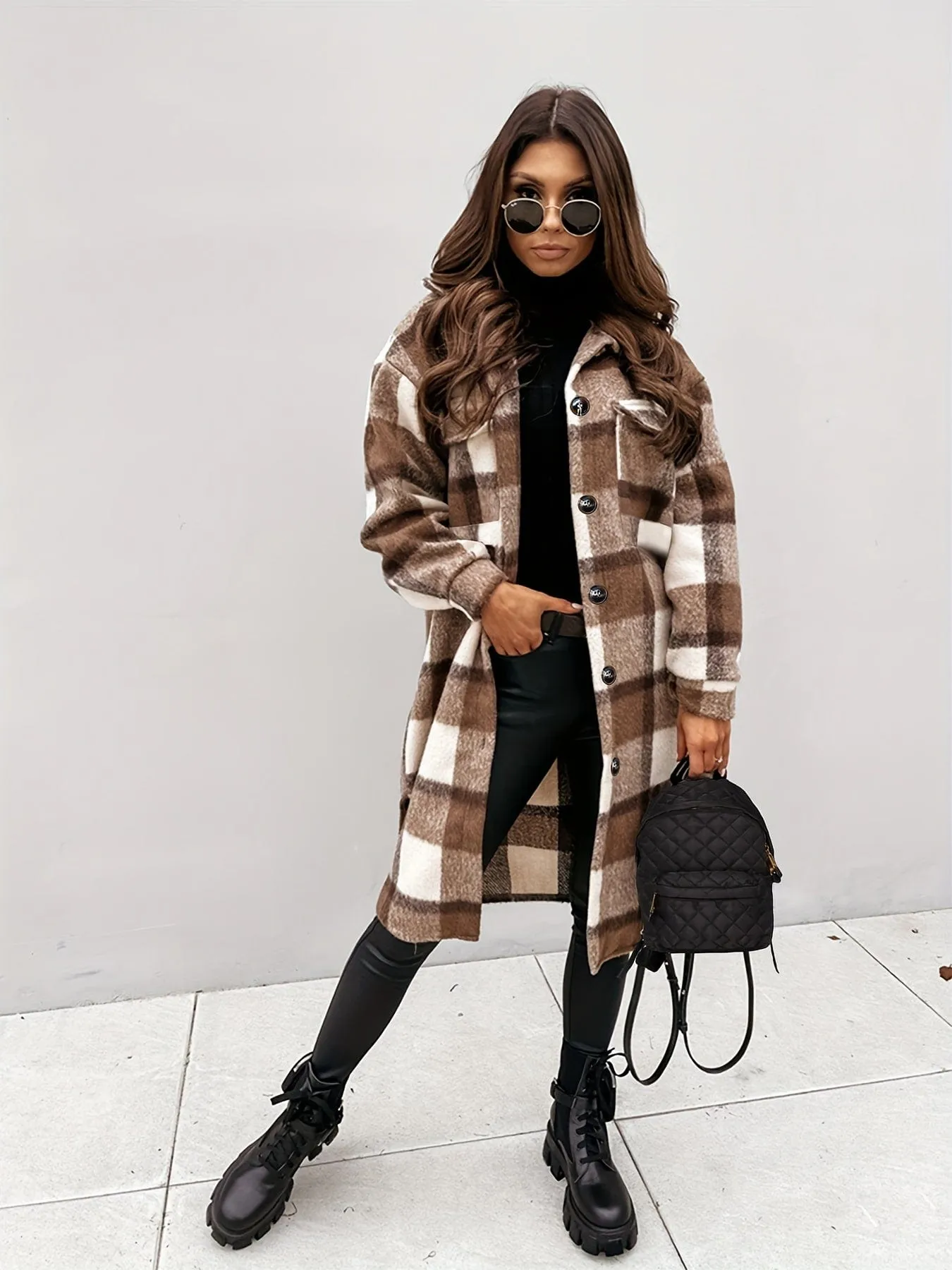 Brown and White Plaid Shacket Plus Size