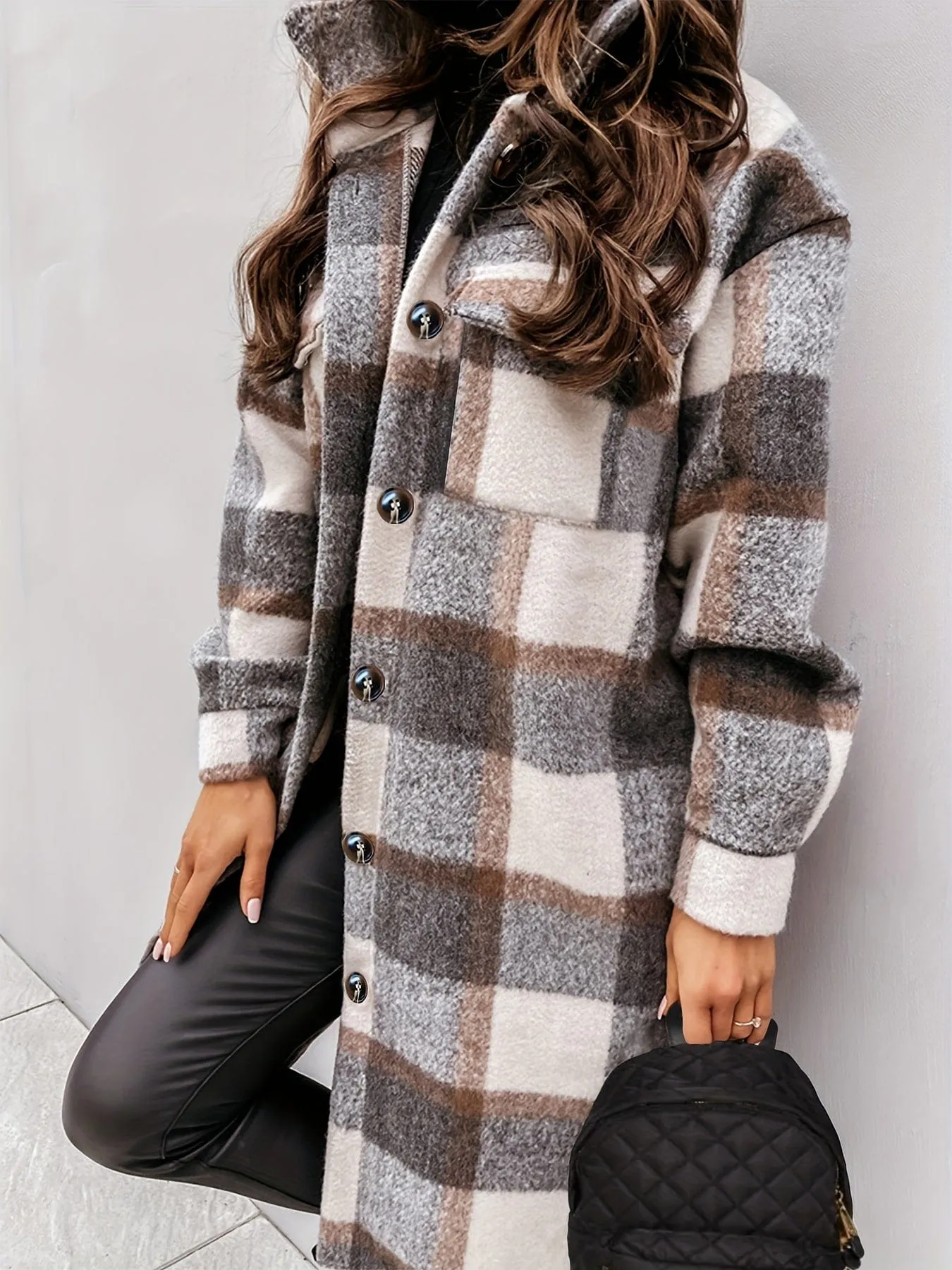 Brown and White Plaid Shacket Plus Size