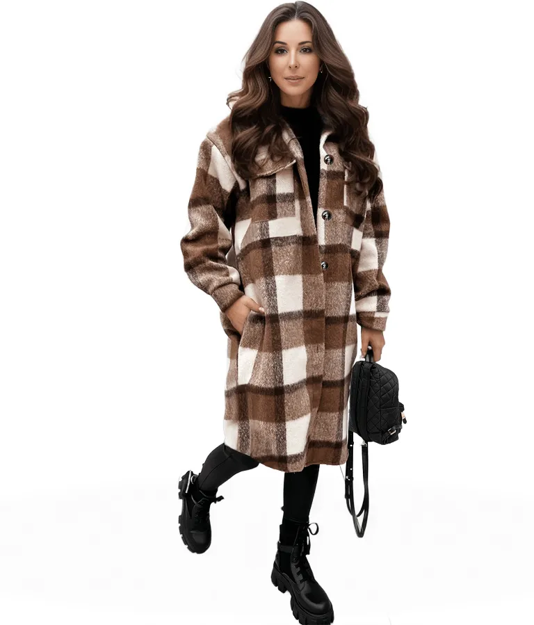 Brown and White Plaid Shacket Plus Size