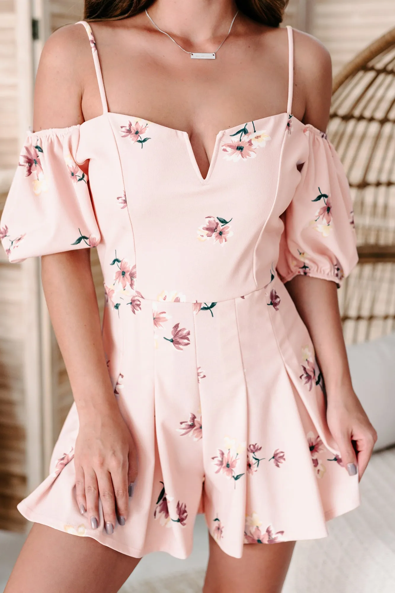 Captivating Beauty Floral Cold Shoulder Romper (Rose)