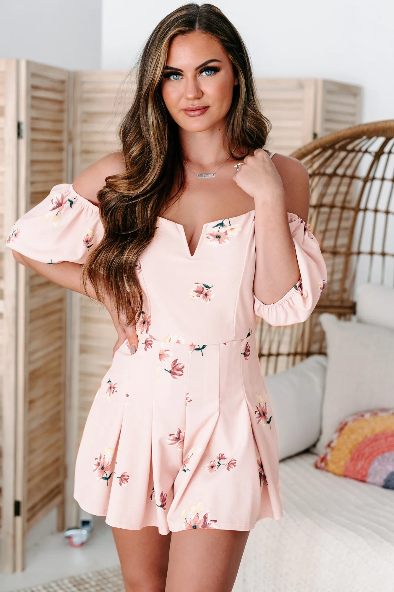 Captivating Beauty Floral Cold Shoulder Romper (Rose)