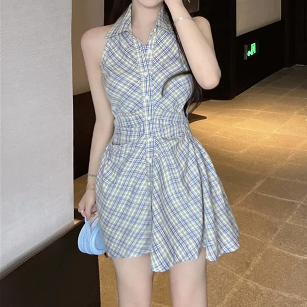 Check Vintage Single-Breasted Shirt Dress