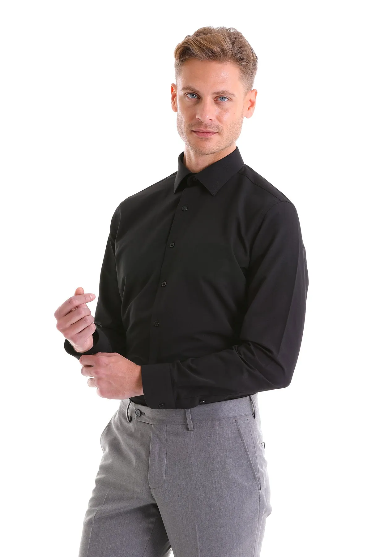 Comfort Fit Long Sleeve Patterned Cotton Blend Dress Shirt, Black D.