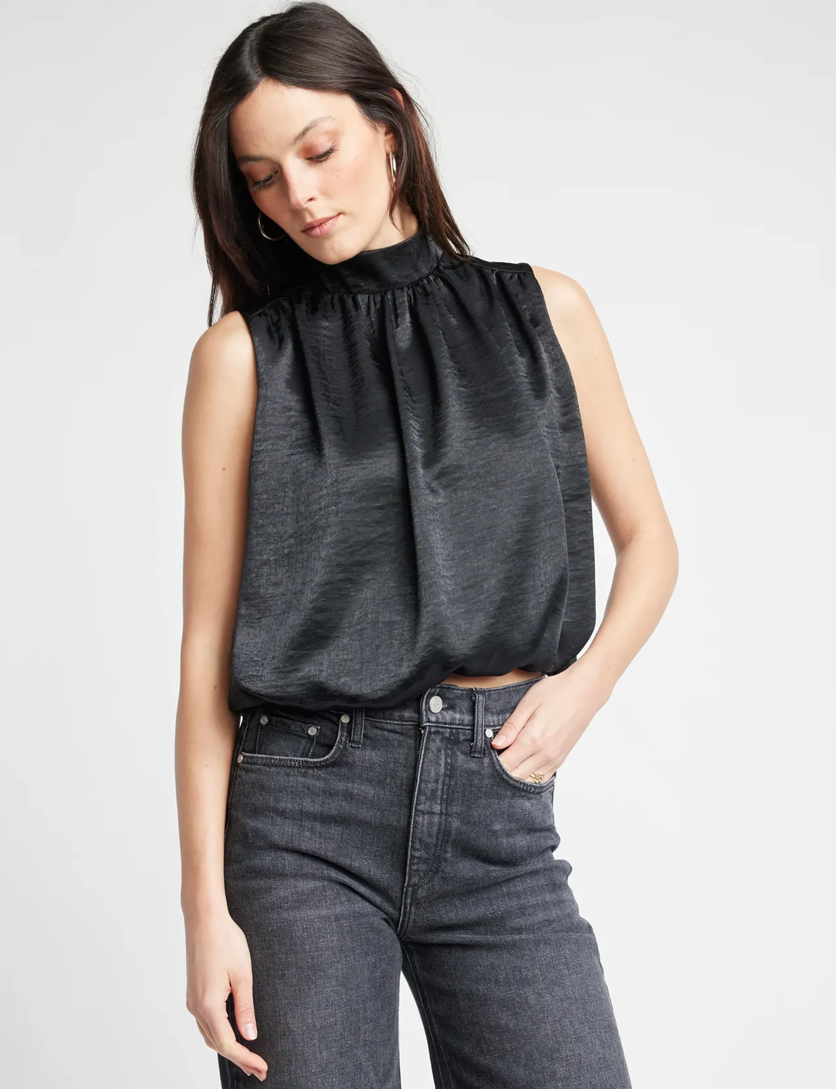 Cora Sleeveless Blouse, Black Satin