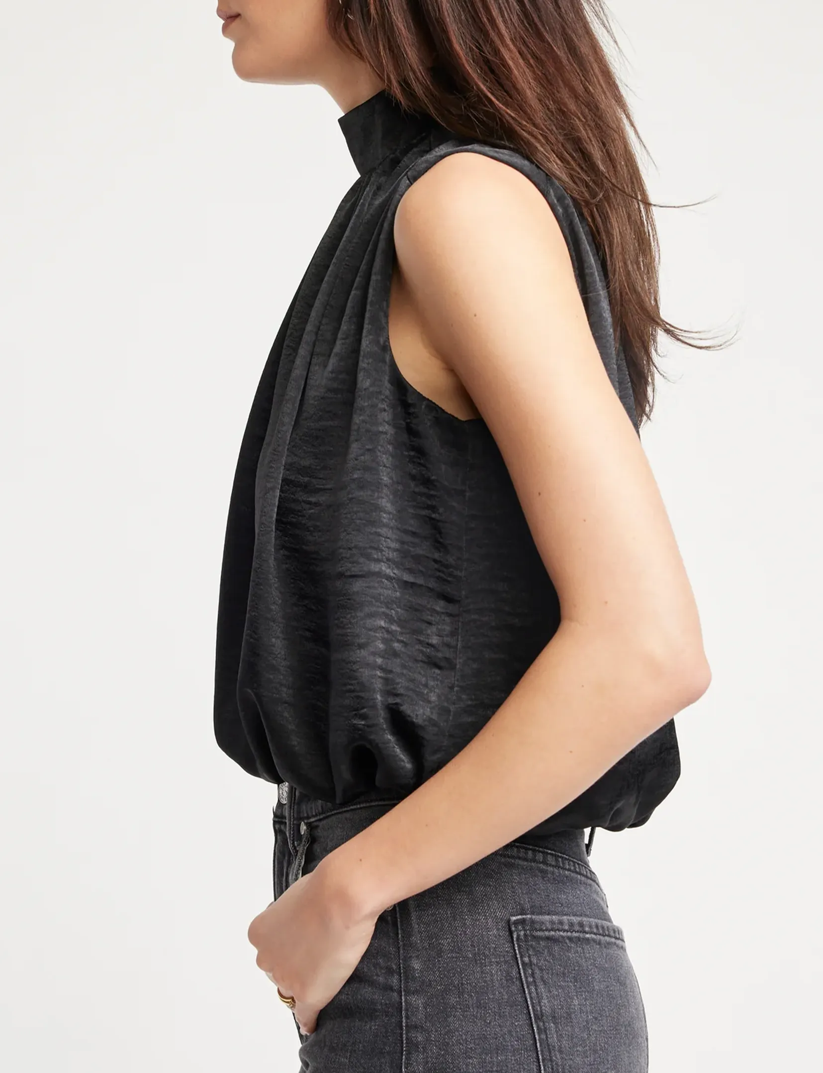 Cora Sleeveless Blouse, Black Satin