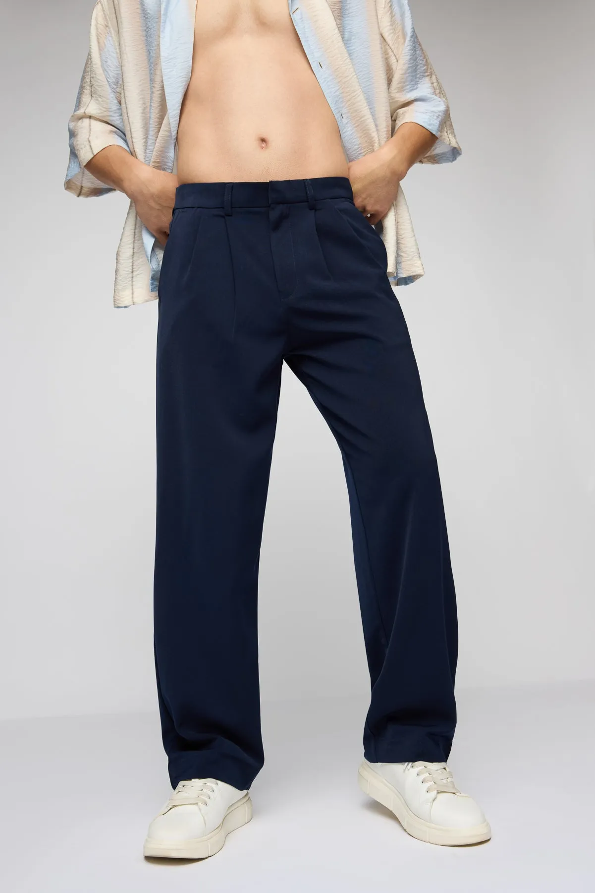 Deep Navy Men's Pleated Korean Pants