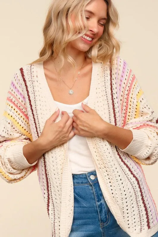 Dolman Open Knit Coral Stripe Cardigan