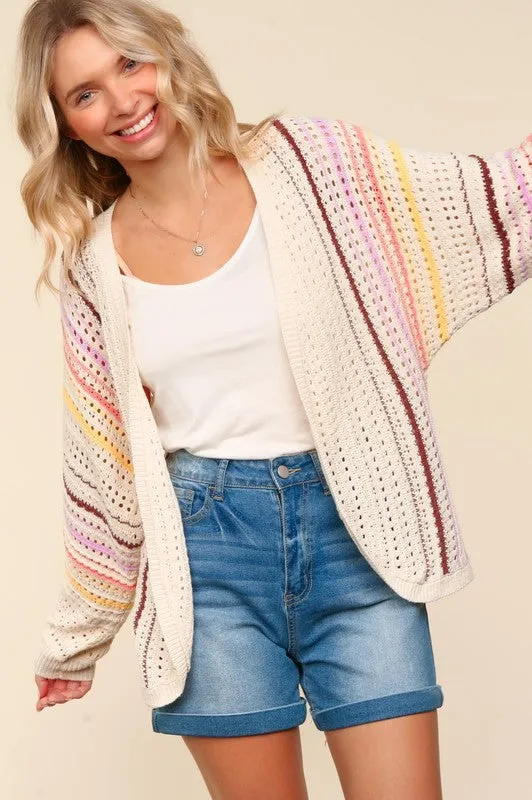 Dolman Open Knit Coral Stripe Cardigan