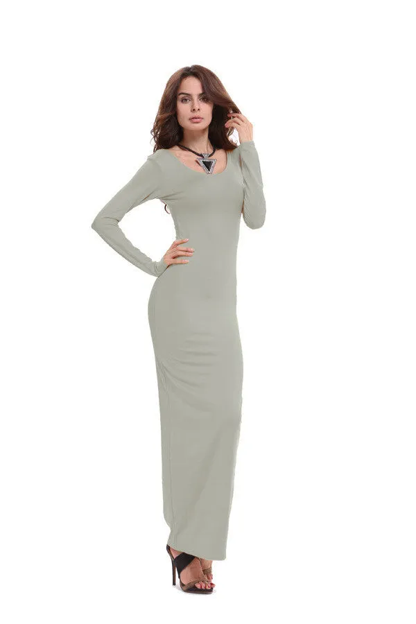 Elegant Pure Color Long Sleeve Scoop Long Bodycon Dress