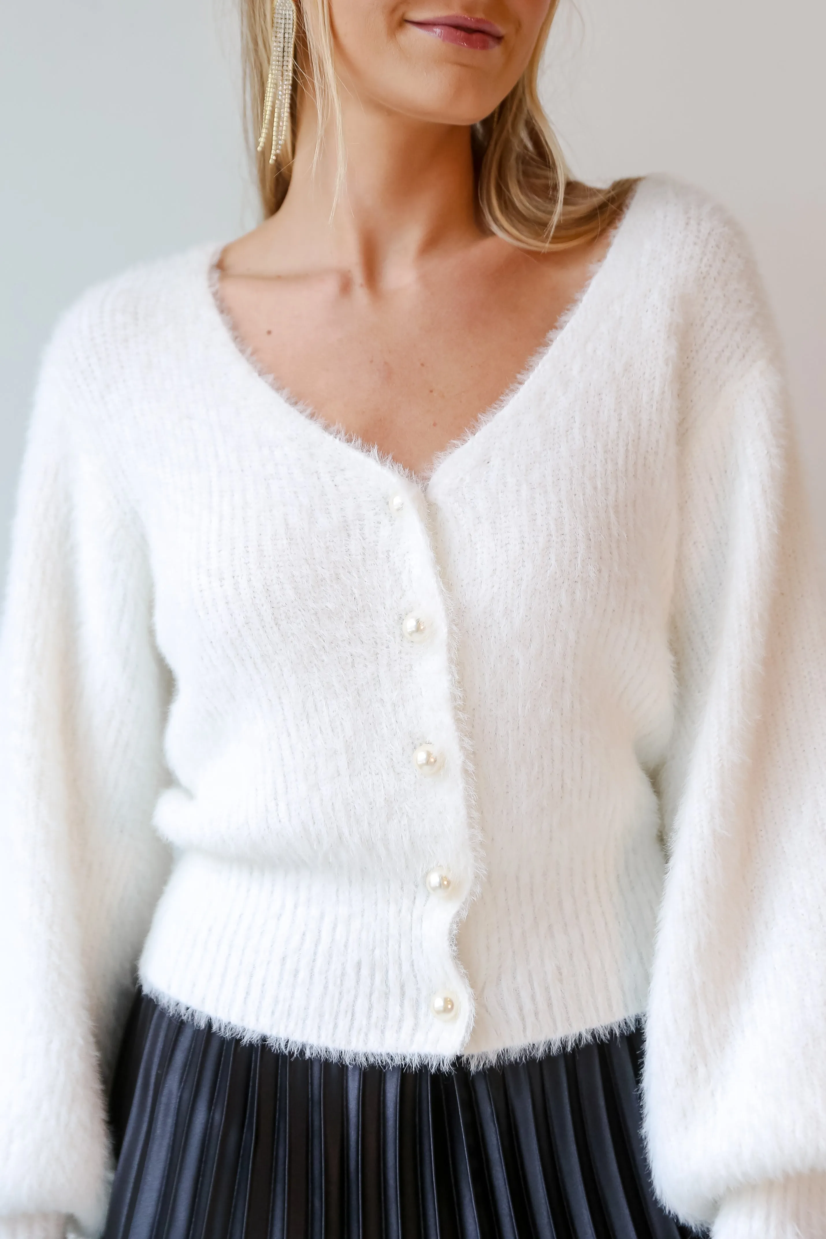 FINAL SALE - Pretty Pizzazz Ivory Fuzzy Knit Pearl Sweater Cardigan