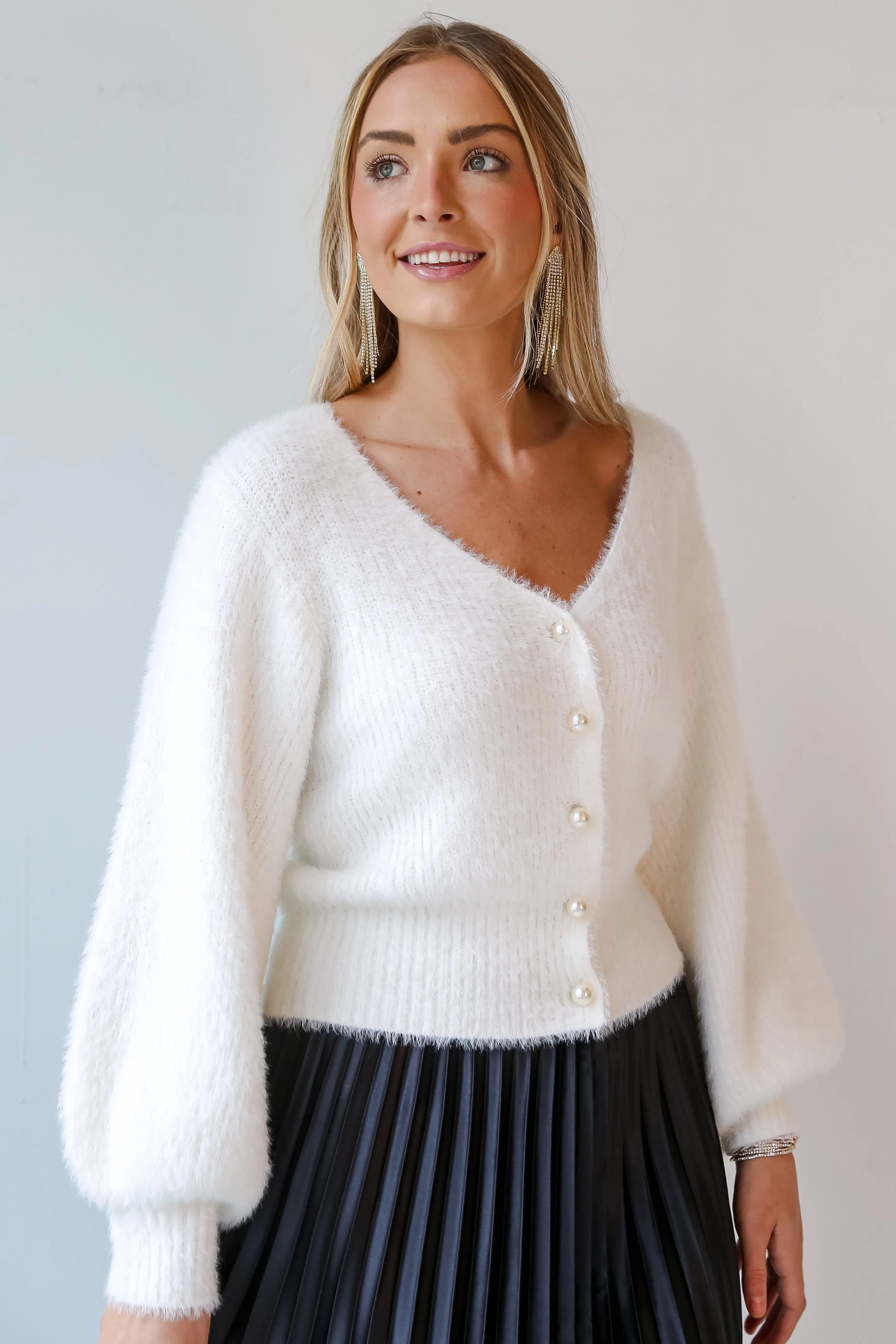 FINAL SALE - Pretty Pizzazz Ivory Fuzzy Knit Pearl Sweater Cardigan