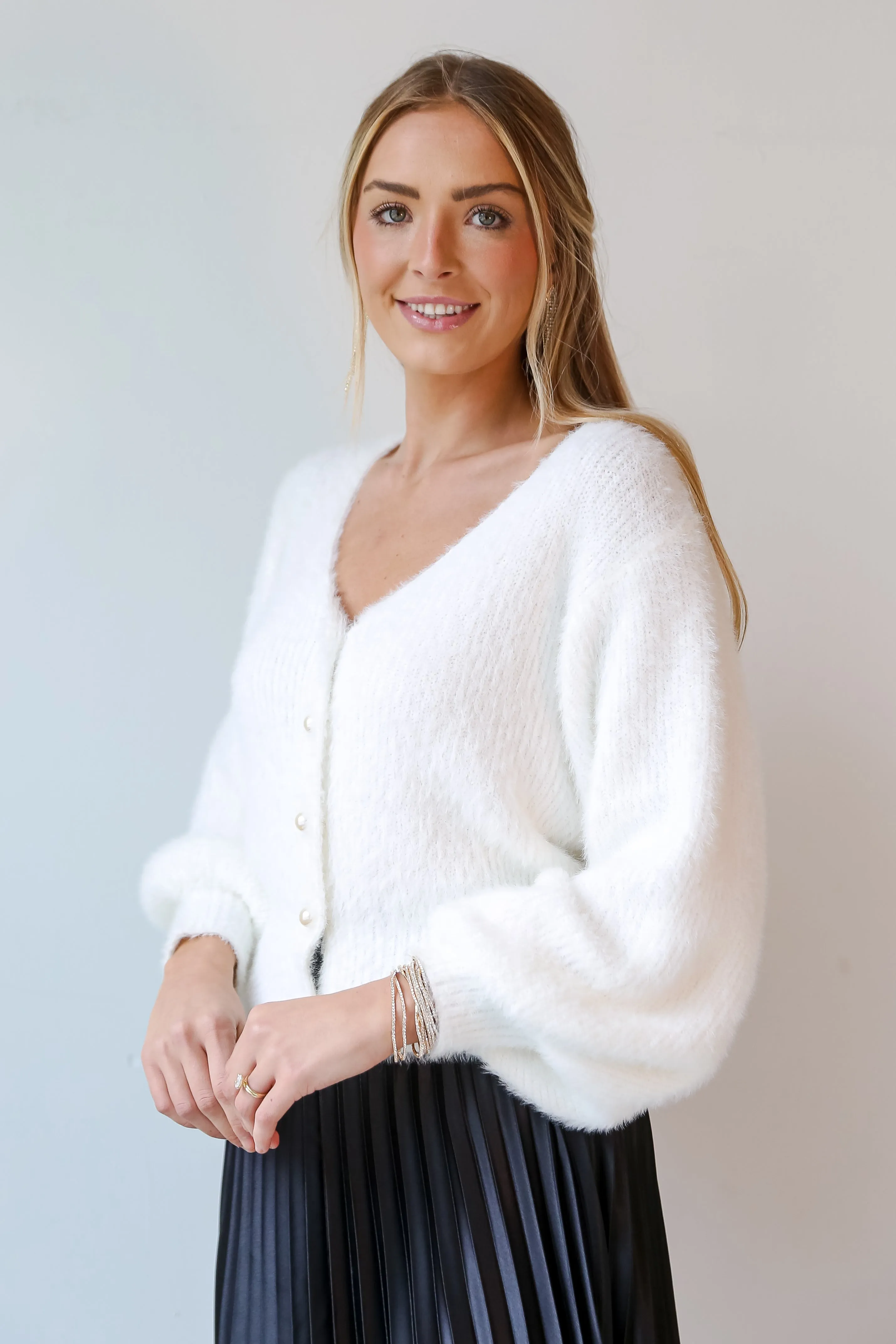 FINAL SALE - Pretty Pizzazz Ivory Fuzzy Knit Pearl Sweater Cardigan