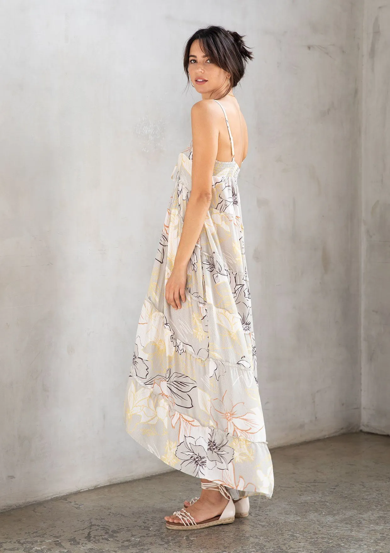 FLORAL PRINT TIE-FRONT TIERED RUFFLE MAXI DRESS