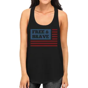 Free & Brave Us Flag Womens Black Funny Graphic Tanks Crewneck Line