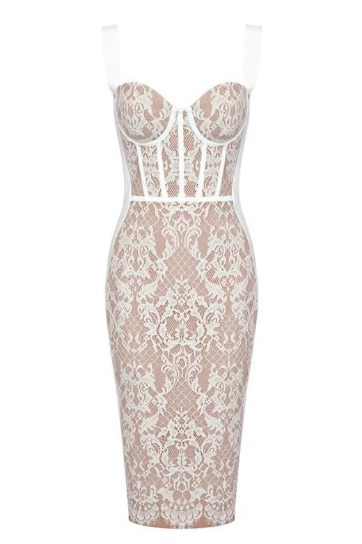 Genevieve Bodycon Lace Midi Dress - Pearl White