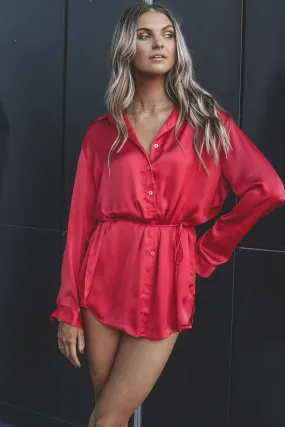 Giving Beverly Hills Satin Button Up Romper Dress