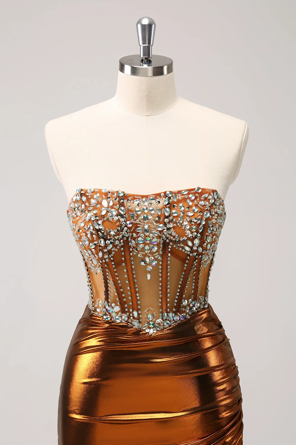 Glitter Copper Tight Strapless Corset Short Metallic Homecoming Dress with Beading