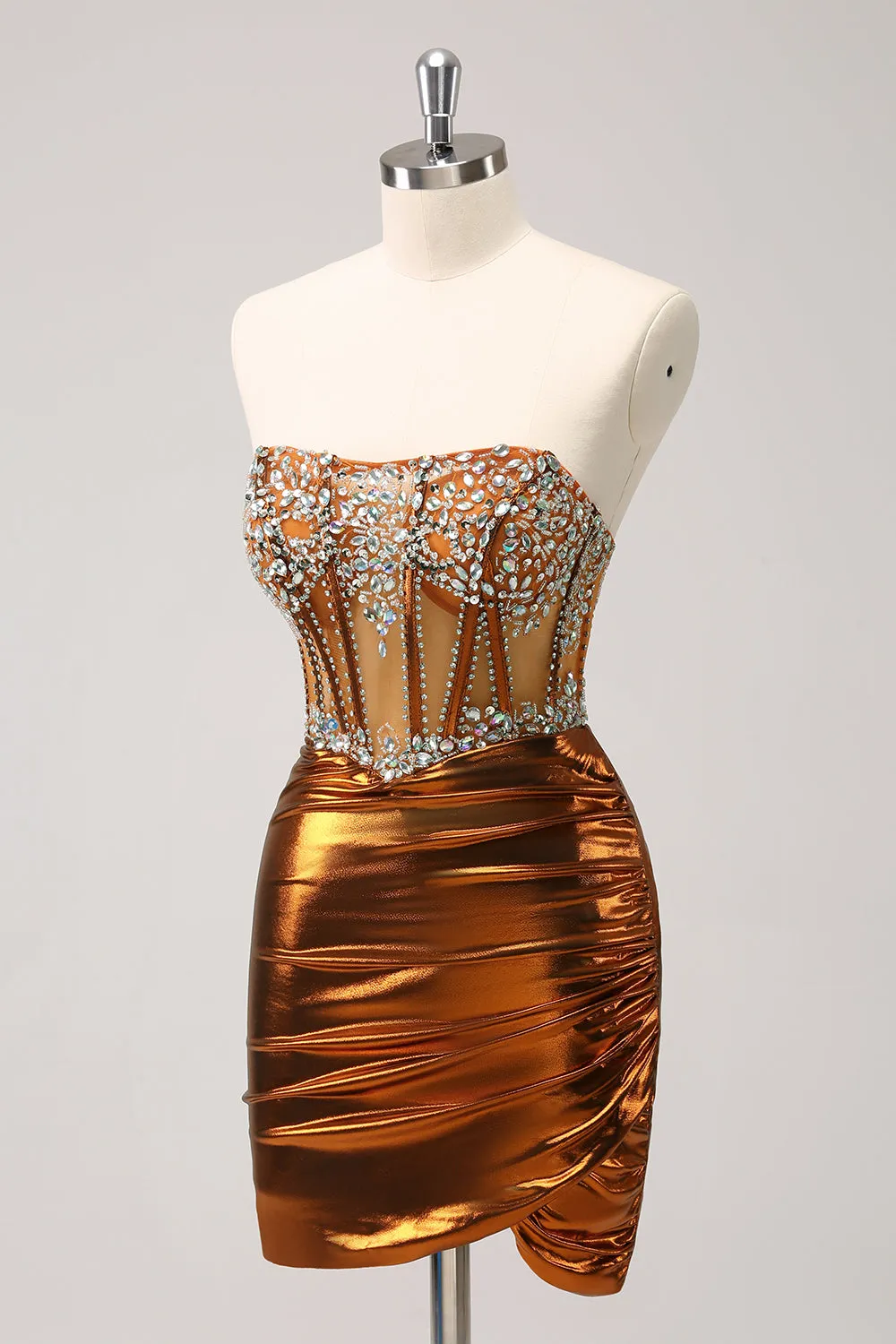 Glitter Copper Tight Strapless Corset Short Metallic Homecoming Dress with Beading