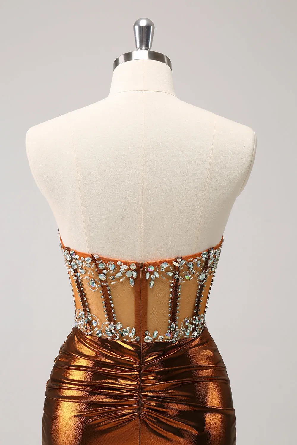 Glitter Copper Tight Strapless Corset Short Metallic Homecoming Dress with Beading