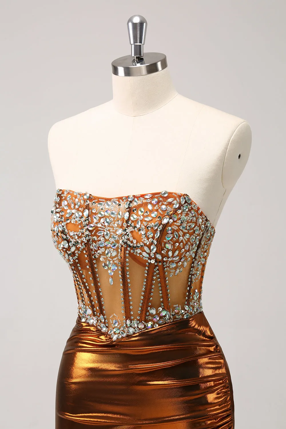 Glitter Copper Tight Strapless Corset Short Metallic Homecoming Dress with Beading