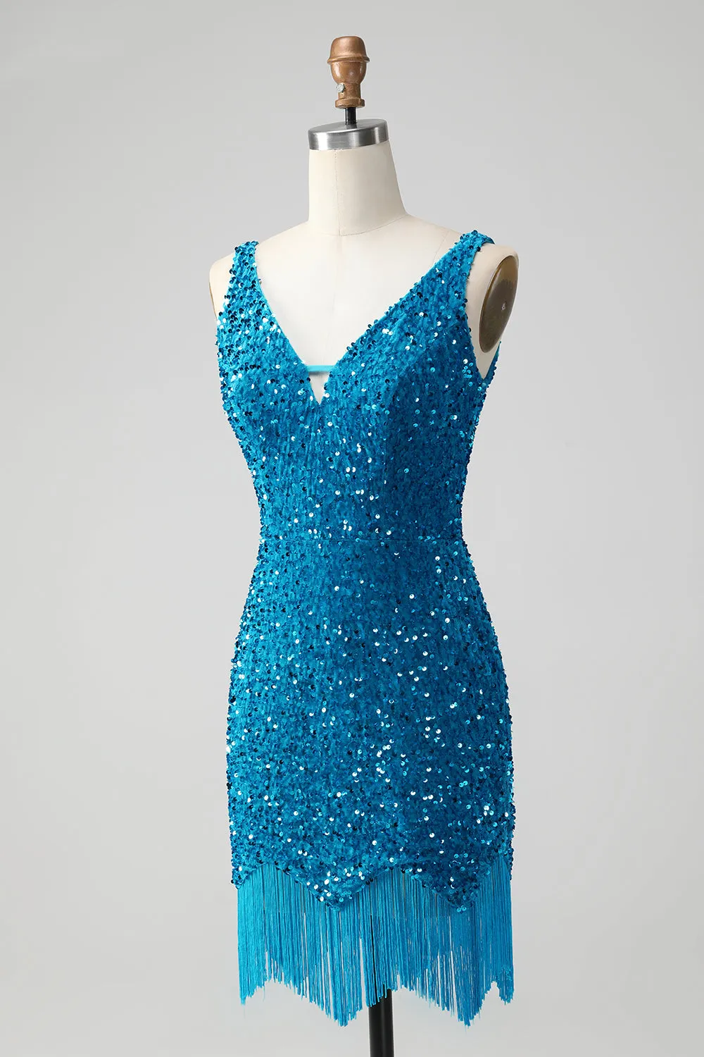 Glitter Dark Blue Tight Spaghetti Straps Sequin Short Homecoming Dress with Tassels