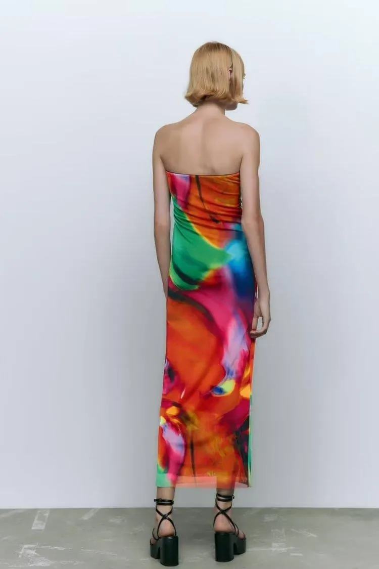 Gradient Patchwork Slim-fit Silk Bandeau Dress