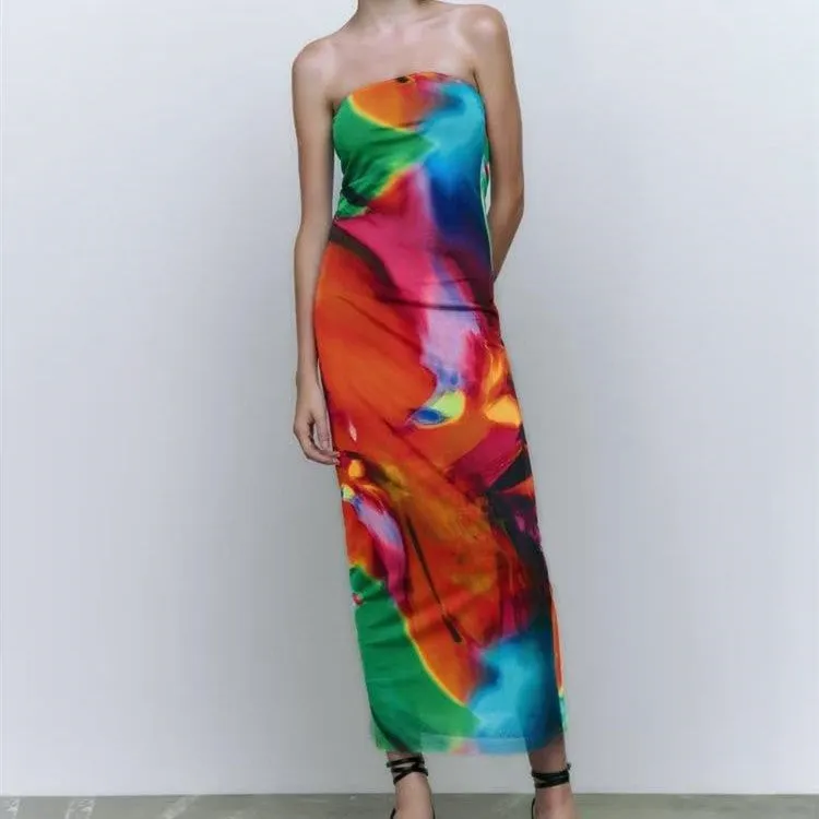 Gradient Patchwork Slim-fit Silk Bandeau Dress