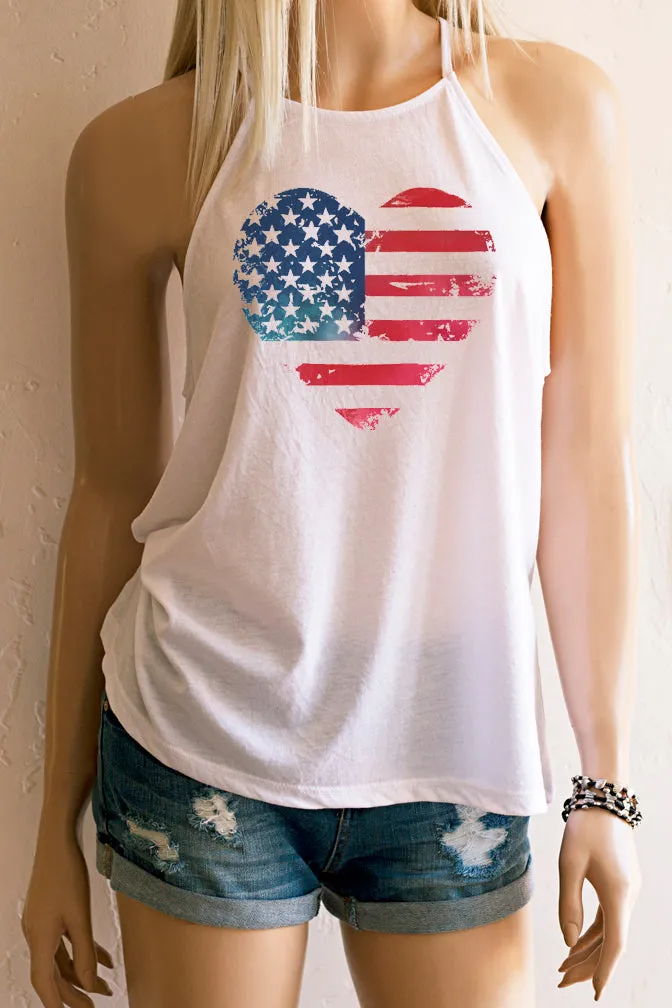 Heart American Flag High Neck Spaghetti Strap Loose Fitting Tank Top