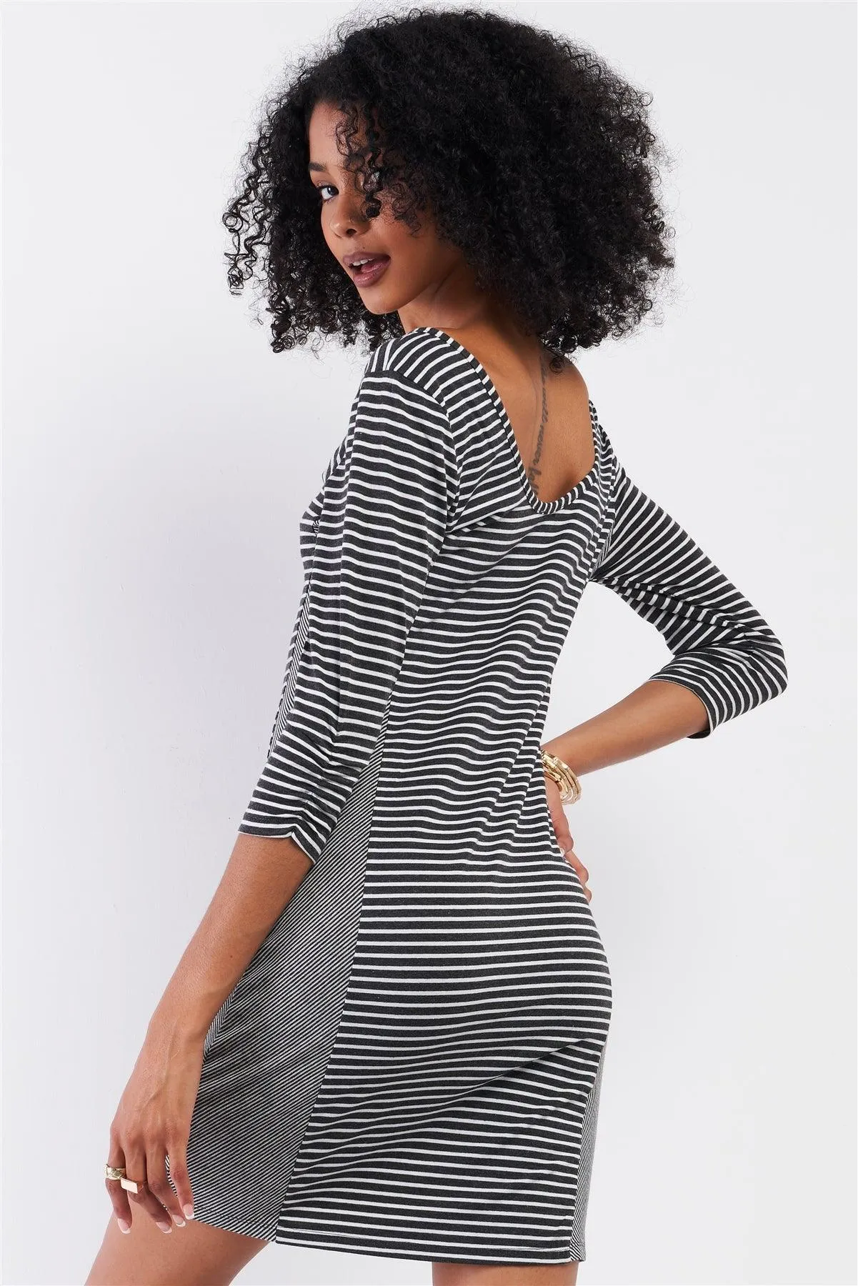 Heather Grey Multi-Striped Boat Neck 3/4 Sleeve Fitted Mini Dress /1-2-2-1